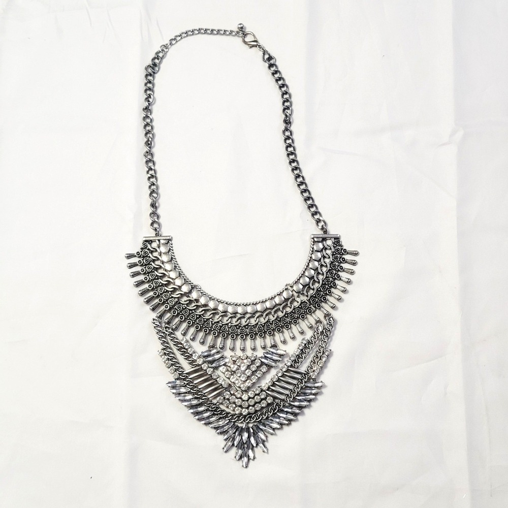 Women's Statement Bib Necklace OS Silver Rhinestone Tiered Boho Crystal U46